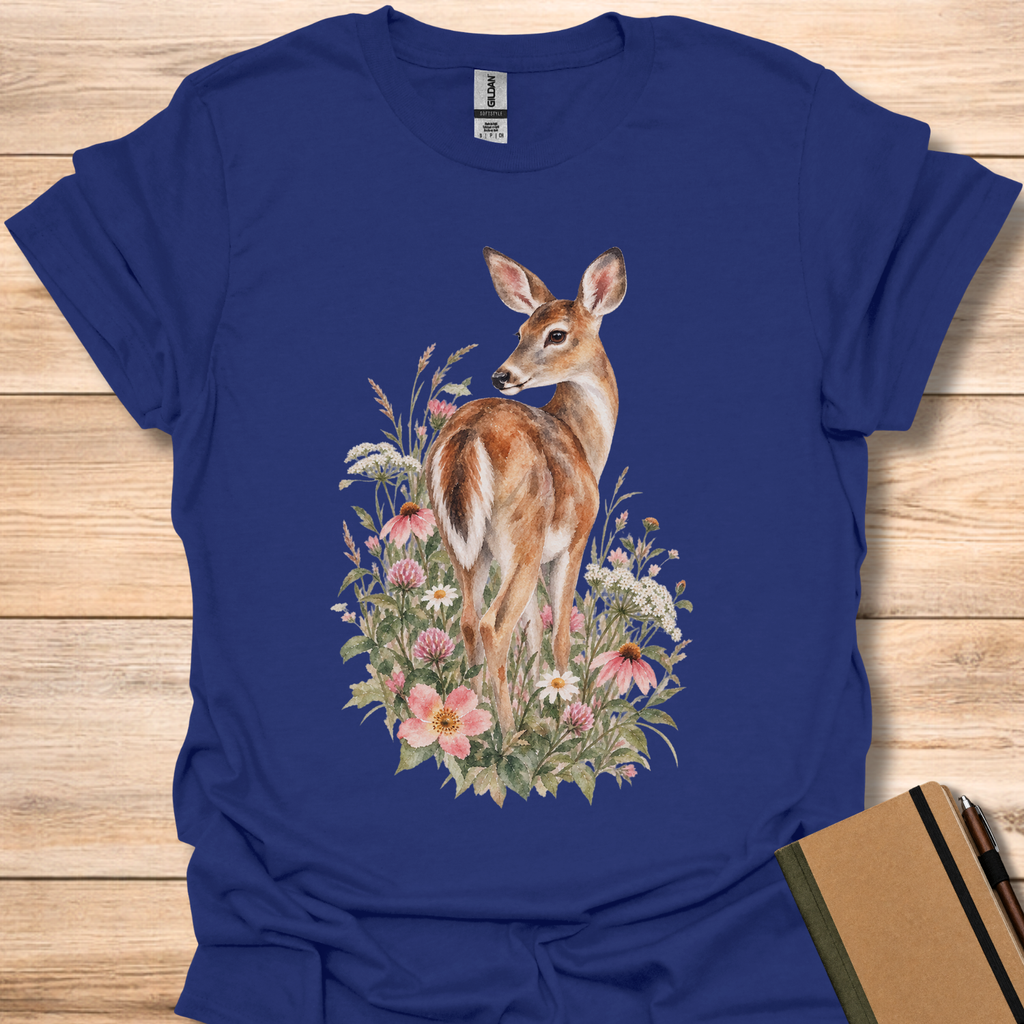 White-Tailed Deer Wildflower Watercolor - Navy